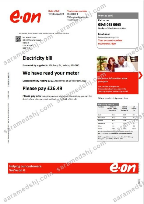United Kingdom E.ON utility bill template in Word and PDF format, version 3-1
